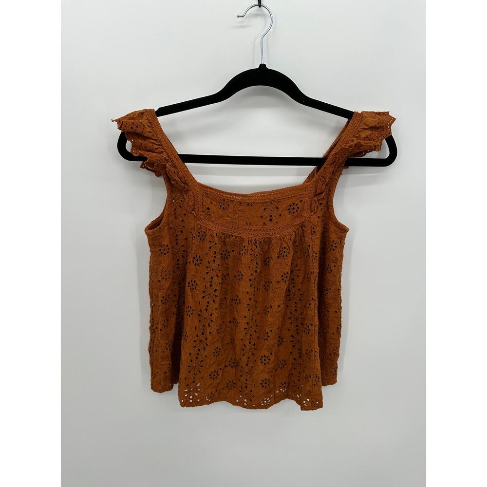 Lucky Brand Top‎ Womens Sz S Burnt Orange Lace Ruffle Button Front Boho Earthy - Picture 2 of 7